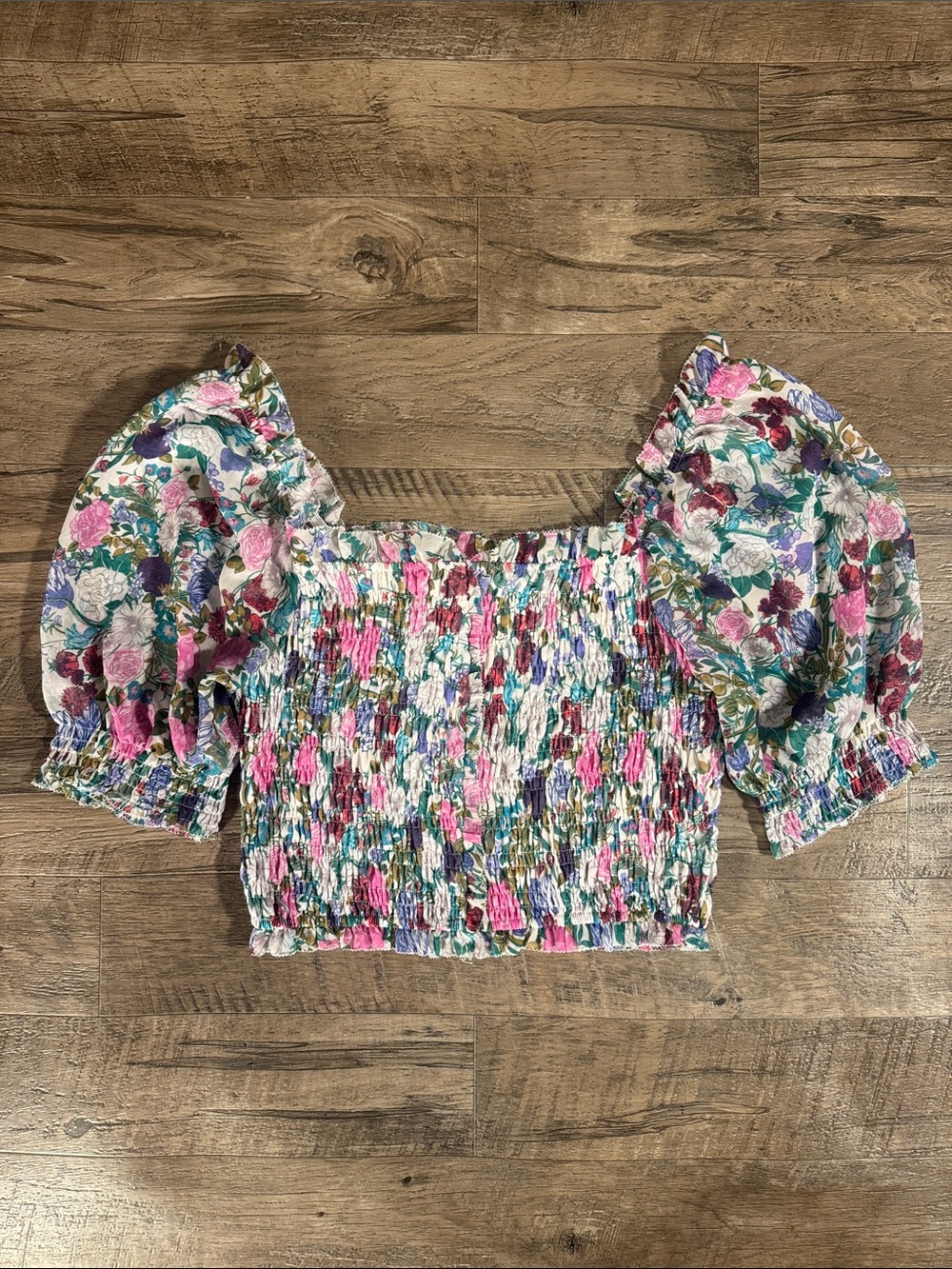 Astr Floral Smocked Puff Sleeve Crop Top in Pink, Green, Purple